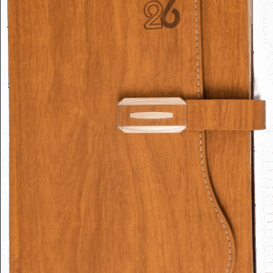 A5 daily planner diary with black PU leather cover and buckle clasp, embossed 2026.